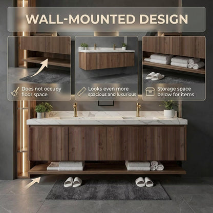 60”-96”Modern Double Sink Vanity with Walnut Fluted Cabinet & Open Towel Shelf