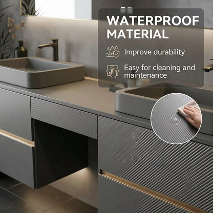 60"-84"Floating Dark Gray Bathroom Vanity with Double Vessel Sinks & LED Mirror