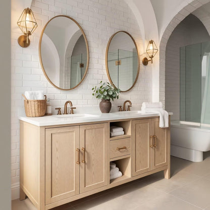 60"-96"Light Oak Bathroom Vanity with Double Sinks & Gold Framed Oval Mirrors