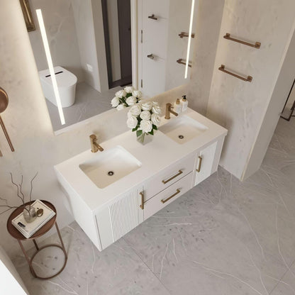 60”-96”White Floating Bathroom Vanity with Double Sinks & LED Lighted Mirror