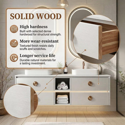 60"-96"White Floating Bathroom Vanity with Double Vessel Sinks & LED Oval Mirrors