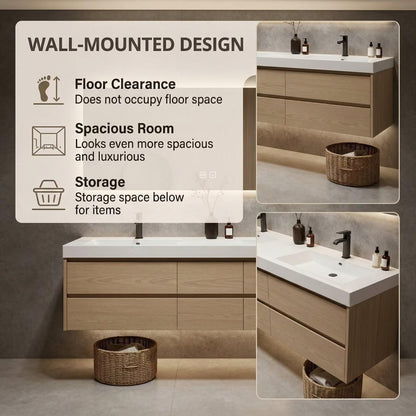 60"-96"Light Oak Floating Bathroom Vanity with Double Sinks & Large LED Backlit Mirror