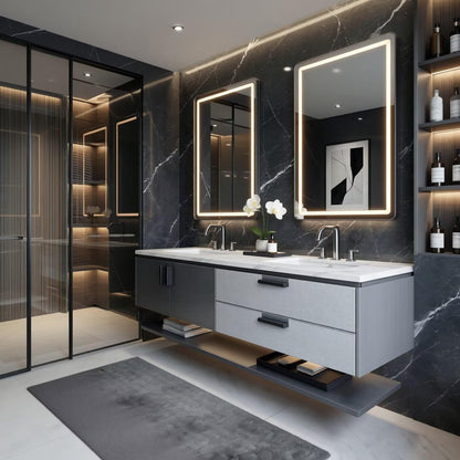60"-96"Modern Wall-Mounted Bathroom Vanity with Double Sinks & Open Bottom Shelf