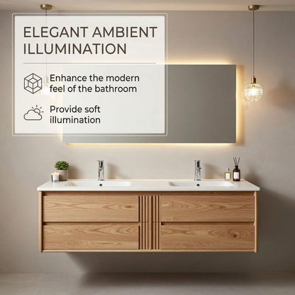 60"-96"Modern Oak Floating Bathroom Vanity with Double Sinks & LED Backlit Mirror