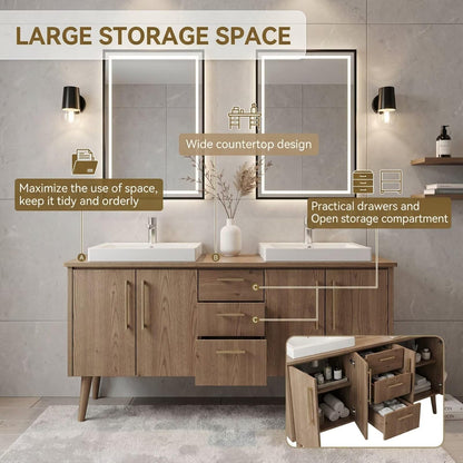 60”-96” Double Sink Freestanding Vanity with LED Mirrors, Natural Wood Cabinet & Gold Hardware