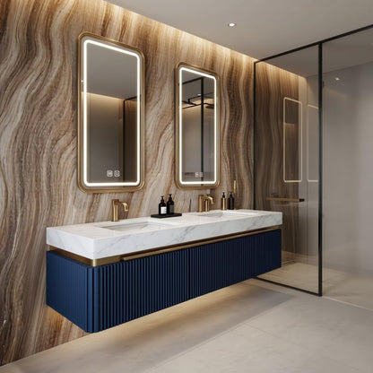 60"-84"Navy Blue Fluted Floating Bathroom Vanity with Marble Top & LED Lighted Mirror