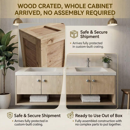 60"-96"Light Oak Floating Bathroom Vanity with Double Sinks & LED Mirrors