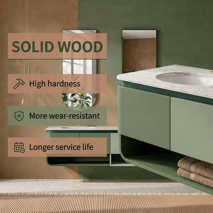 60"-96"Modern Wall-Mounted Vanity with Open Shelves, Marble Countertop & LED Mirrors