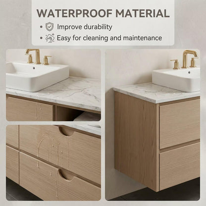 60"-84"Floating Oak Bathroom Vanity with Double Sinks & LED Oval Mirrors