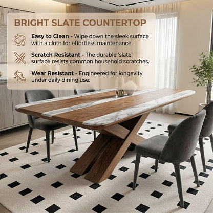 60"-80"Modern Farmhouse Dining Table with Walnut Wood & White Marble Striped Top, 6-Seater