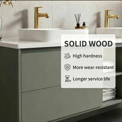 60”-96” Modern Greenish Gray Vanity with Open Shelf & Backlit LED Smart Mirror