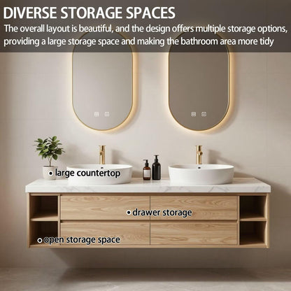 60”-84”Double Vanity, White Floating Cabinet with Gold Trim Oval LED Mirrors