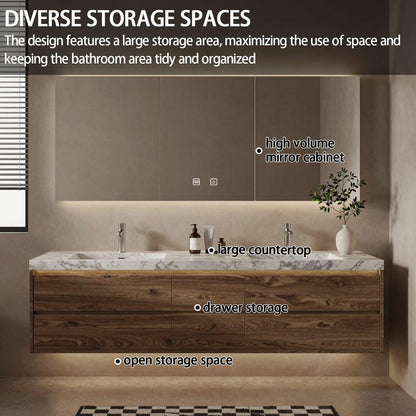 60"-84"Floating Walnut Bathroom Vanity with Marble Top & LED Medicine Cabinet,