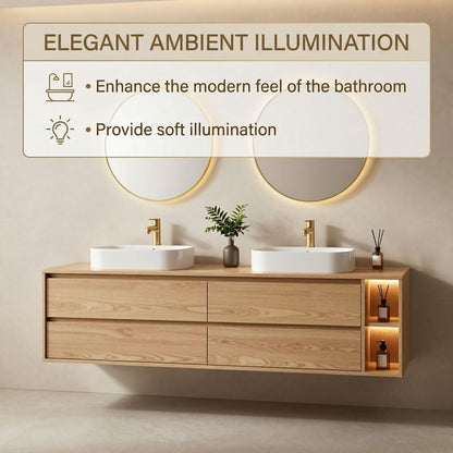 60"-96"Modern Oak Floating Bathroom Vanity with Double Vessel Sinks & LED Side Shelves