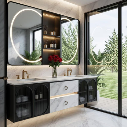 60"-96"Marble Floating Bathroom Vanity with LED Mirrors & Black Fluted Glass Doors