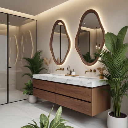 60"-96"Walnut Floating Bathroom Vanity with Irregular LED Mirrors & Marble Top