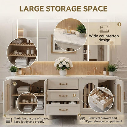 60"-96"Modern Farmhouse Bathroom Vanity, Light Wood Cabinet with Drawers & Arched Openings