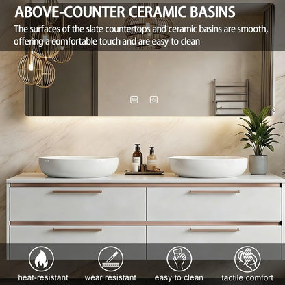 60"-84"Floating White Bathroom Vanity with Double Vessel Sinks & LED Mirror