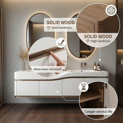 60”-96”Sleek White Bathroom Vanity with Backlit LED Mirrors, Integrated Double Sinks & Gold Trim