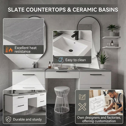 60"-84"Wall Mounted White Bathroom Vanity with Double Sinks & Integrated Makeup Station