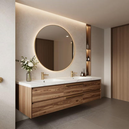 60"-84"Light Wood Wall-Mounted Vanity with White Marble Top & Gold Hardware Handles