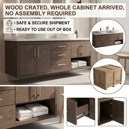 60"-96"Modern Wood Vanity with Stone Countertop, Drawers & Open Storage