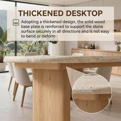 60"-80"Oval Dining Table with Travertine Top & Light Wood Base, Minimalist Kitchen Table