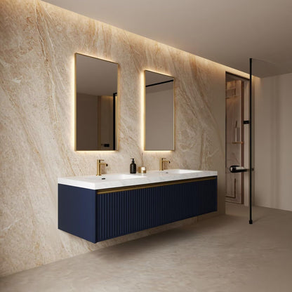 60"-84"Navy Blue Fluted Floating Bathroom Vanity with Double Sinks & LED Mirrors