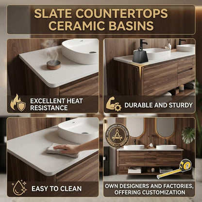 60"-96"Modern Wood Wall-Mounted Bathroom Vanity Set with Open Shelf & MirrorsModern Wood Wall-Mounted Bathroom Vanity Set with Open Shelf & Mirrors