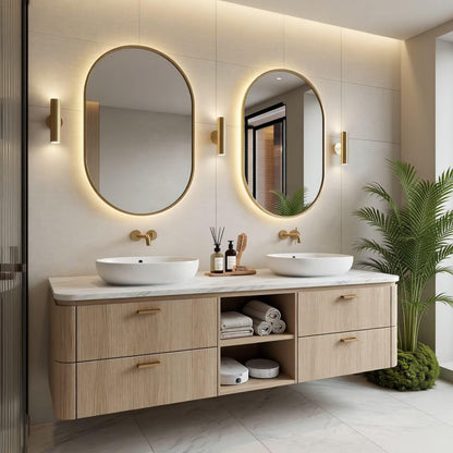 60"-96"Modern Wall-Mounted Vanity with Marble Top & Gold Hardware & Open Shelf