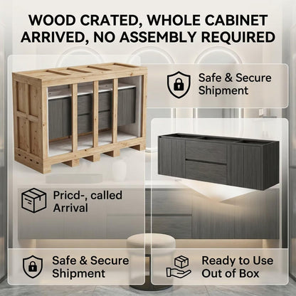 60"-96"Dark Wood Floating Bathroom Vanity with Double Sinks & LED Oval Mirrors