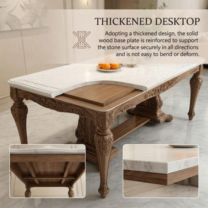 60"-80"Elegant Farmhouse Dining Table with Carved Wood Base & 6 Linen Chairs, for Dining Room