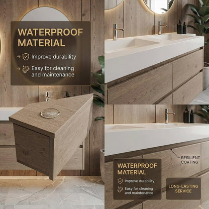 60”-96” Light Oak Floating Bathroom Vanity with Double Sinks & LED Round Mirrors