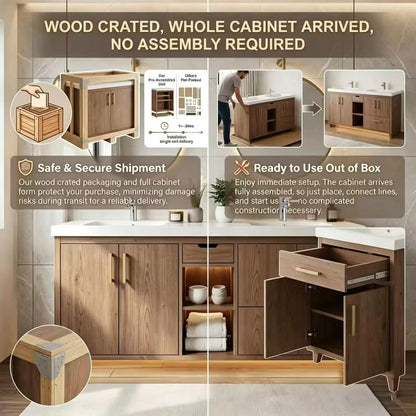 60"-96" Modern Wood Bathroom Vanity with Double Sinks & Gold Hardware
