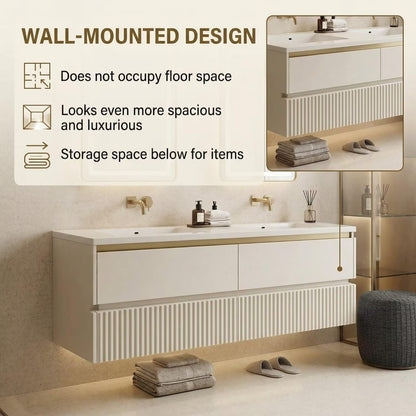 60"-96"Modern Wall-Mounted Vanity with Double Sinks & Gold Trim