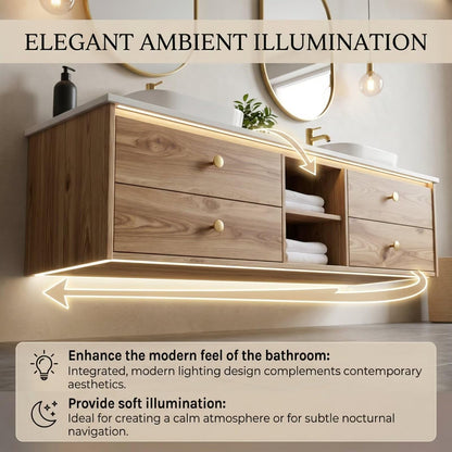 60"84"Modern Floating Oak Bathroom Vanity with Double Sinks & Gold Framed Oval Mirrors