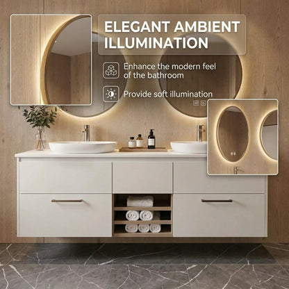 60”-84”Double Sink Floating Bathroom Vanity with LED Round Mirrors, White Cabinet & Stone Top