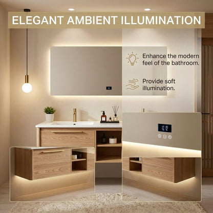 60“-84“Floating Oak Bathroom Vanity with Double Sinks, LED Mirror & Storage