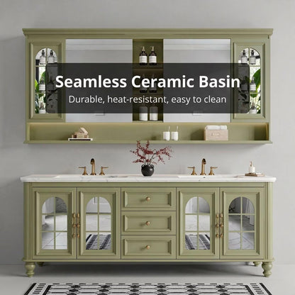 60”-96”Traditional Sage Green Bathroom Vanity with Double Sinks & Glass Door Storage