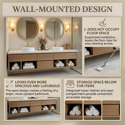 60”-84”Double Sink Bathroom Vanity Set with Round Mirrors,Wood Cabinet & White Stone Top