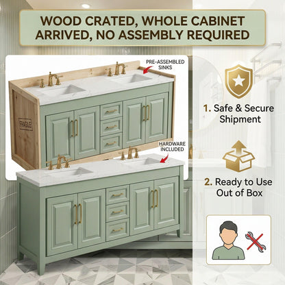 60”-96”Double Sink Bathroom Vanity with Gold Round Mirrors, Sage Green Cabinet & Marble Top