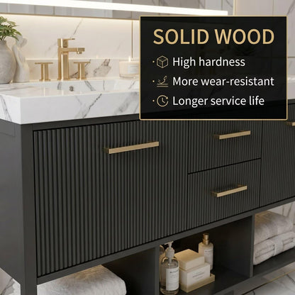 60"-96"Modern Bathroom Vanity with Gold Hardware, Open Shelves & LED Light