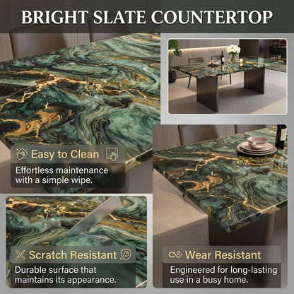 56"-96"Luxury Green Gold Marble Dining Table, Modern Rectangular Kitchen Table with Black Metal Base