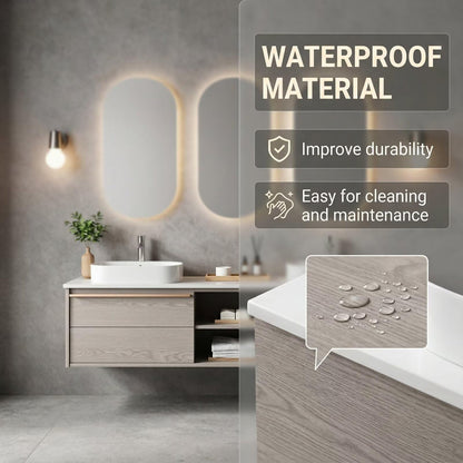 60"-96"Light Wood Floating Bathroom Vanity with Double Sinks & LED Oval Mirrors