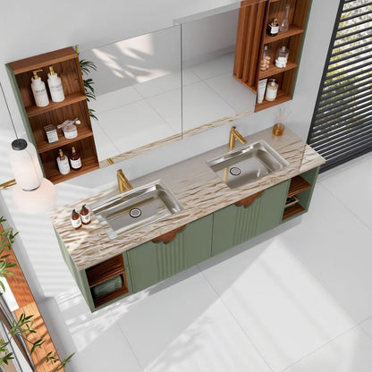 60"-96"Sage Green Floating Bathroom Vanity with Double Sinks & Matching Medicine Cabinet