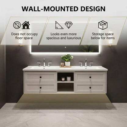 60"-96"White Floating Bathroom Vanity with Double Sinks & Large LED Lighted Mirror