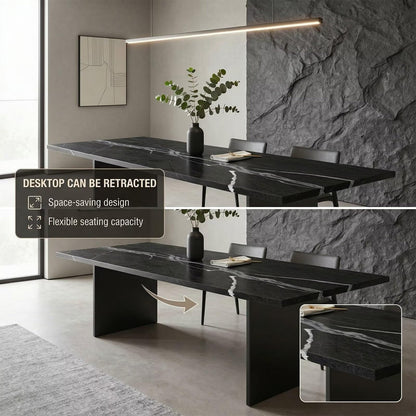 60"-80"Modern Black Stone Dining Table, Rectangular Marble Table with Sleek Metal Legs