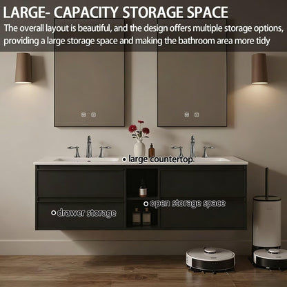 60"-84"Floating Black Bathroom Vanity with Open Shelf & Dual LED Mirrors