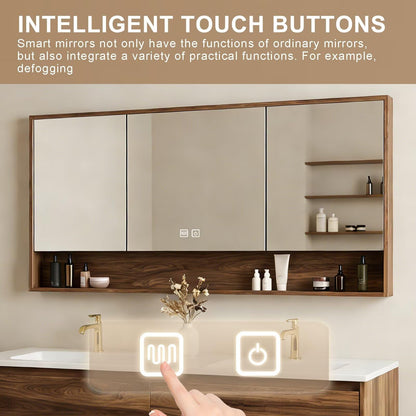 60”-84”Floating Double Sink Bathroom Vanity with LED Defog Mirror Cabinet, Wall Mounted Walnut Wood Vanity with Storage Drawers