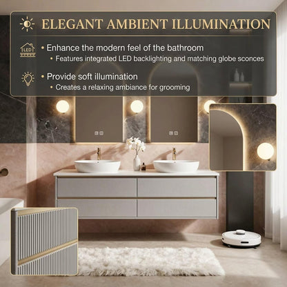 60"-84"Floating Linen Bathroom Vanity with Double Vessel Sinks & LED Arched Mirrors